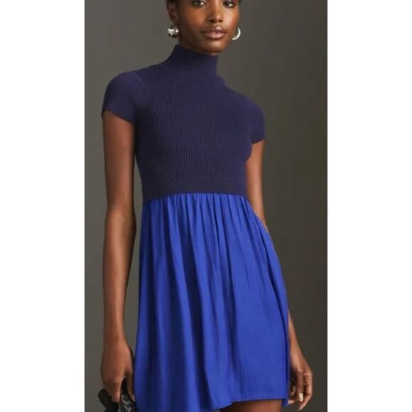 New Anthropologie twofer sweater Xlarge color block sapphire blue dress - Picture 1 of 3